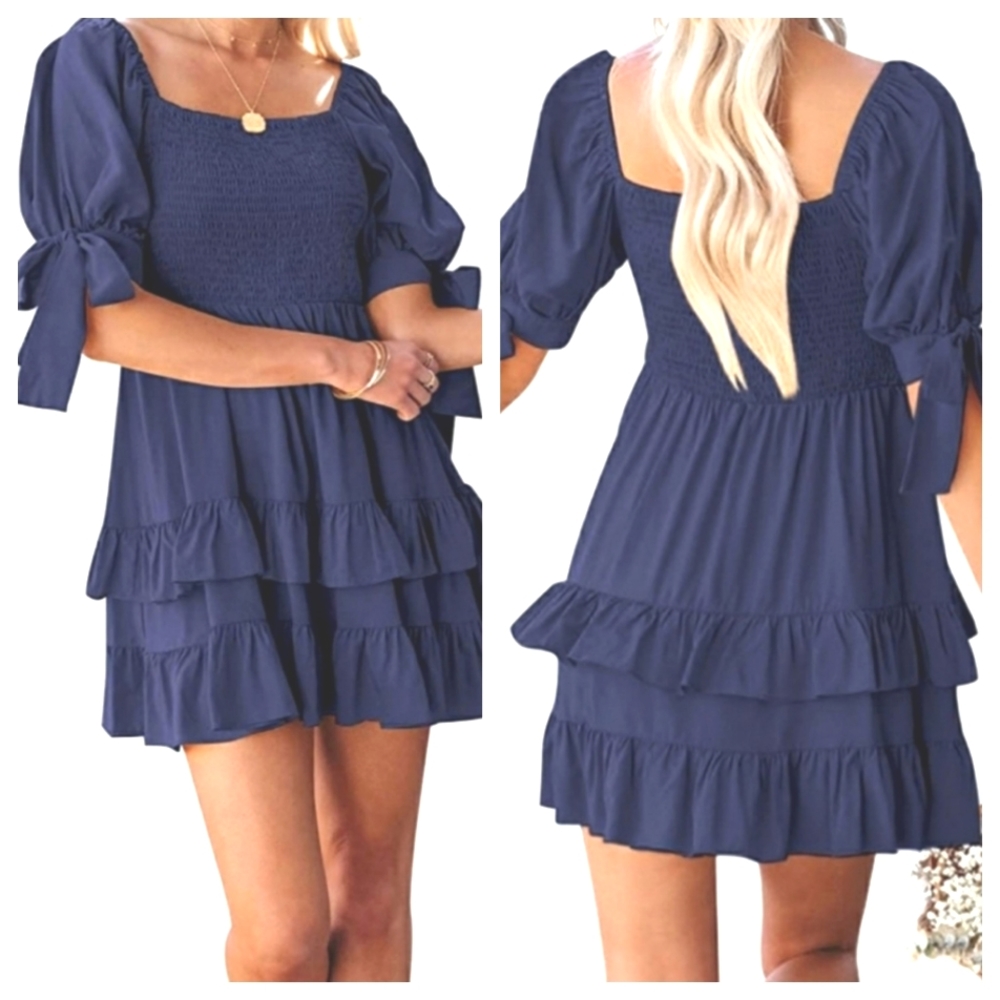 NAVY BLUE SUMMER SQUARE NECK PUFF SLEEVE BOWIE DRESS SMOCKED RUFFLE TIERED SZ XL